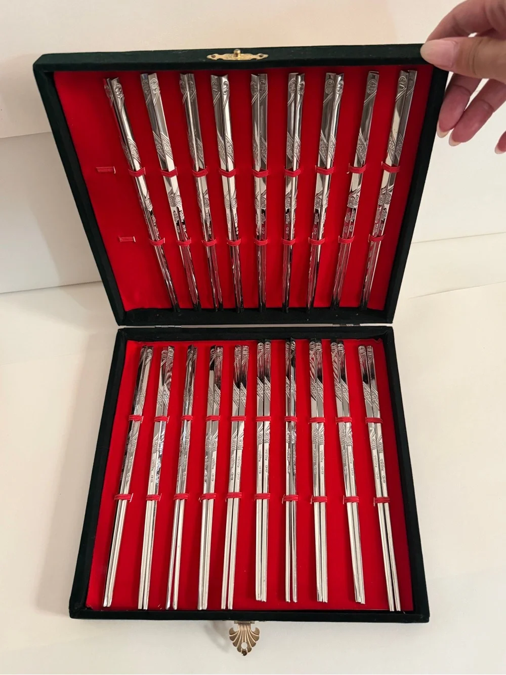 Korean Silver Metal Chopstick Set with Red Velvet Case